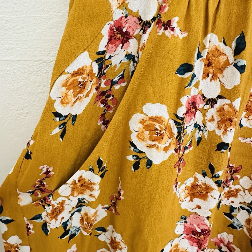 Garnet Hill Midi Dress Womens Sz 14 Mustard Yellow Floral Pockets Short Sleeve - Picture 5 of 13